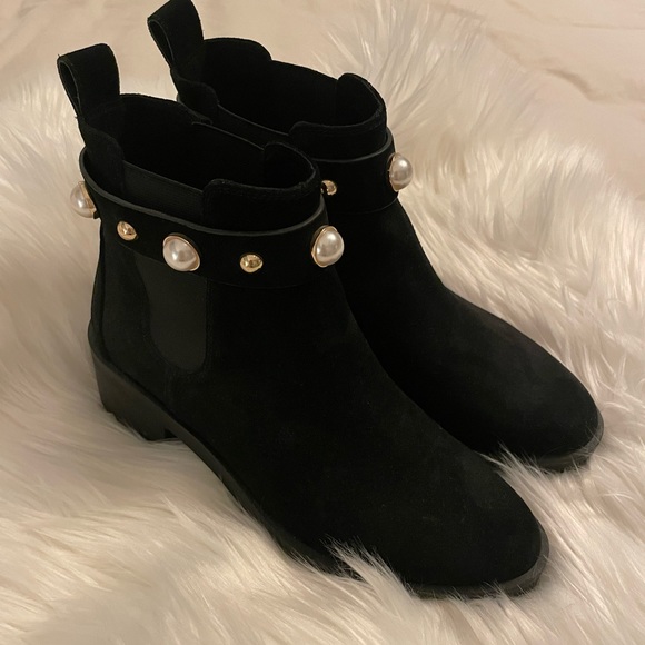 Karl Lagerfeld Paris Pola Black Suede Pearl Gold Studded Lug Sole Bootie - Picture 2 of 4